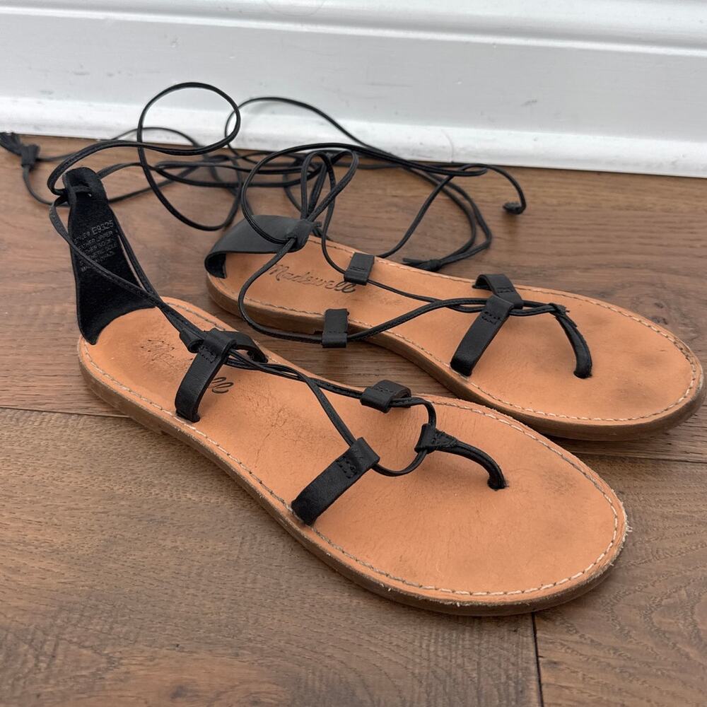 Madewell Boardwalk Leather Lace-Up Gladiator Flat Sandals Black Women's Size 6.5 - Picture 2 of 8